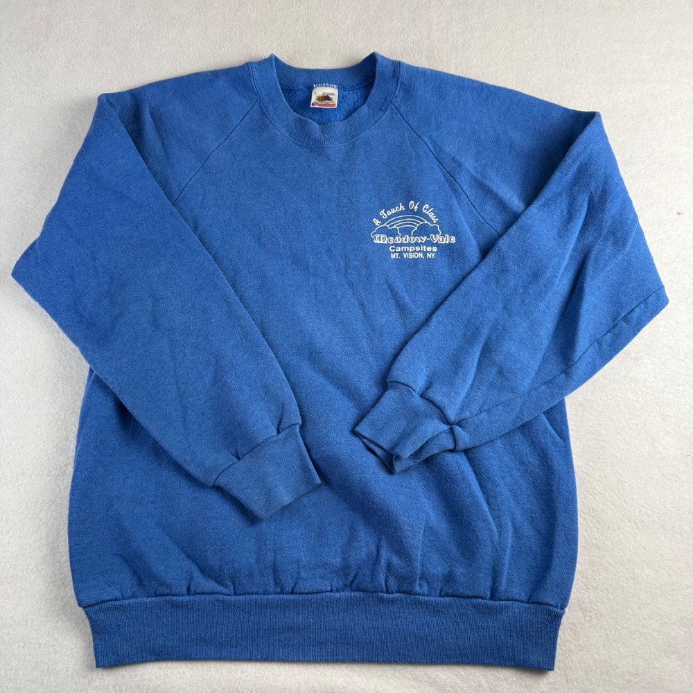 Vintage Fruit of the Loom Meadow-Vale Campsites Blue Sweatshirt Mens L NY 80s